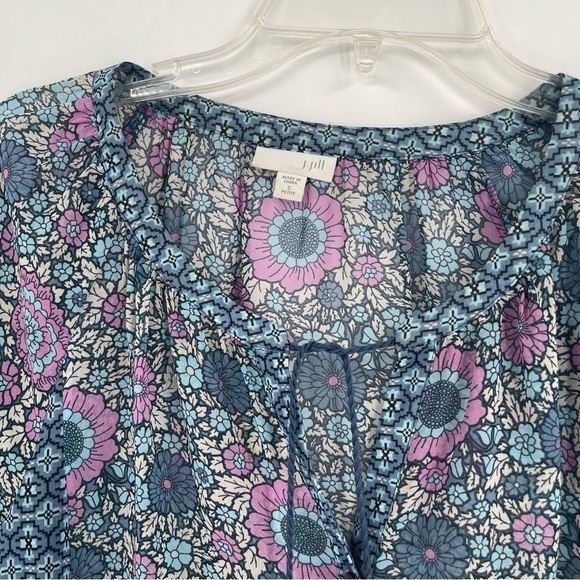 J. Jill Blue Floral Print Tassel Tie Peasant Top Size Small Petite button front - Picture 5 of 11